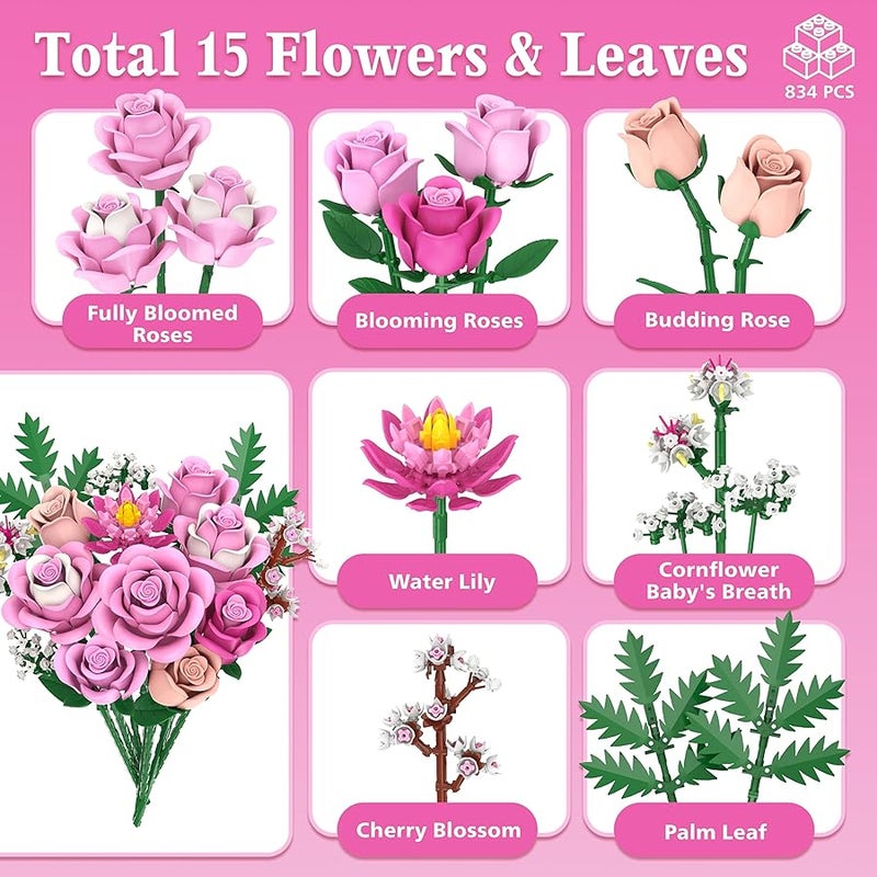 Arabest Pink Rose Bouquet Flowers Building Set, 834Pcs Roses Artificial Botanical Collection Compatible With Lego For Adults  Anniversary Valentines Day Gifts Mom Her Women - Image 2