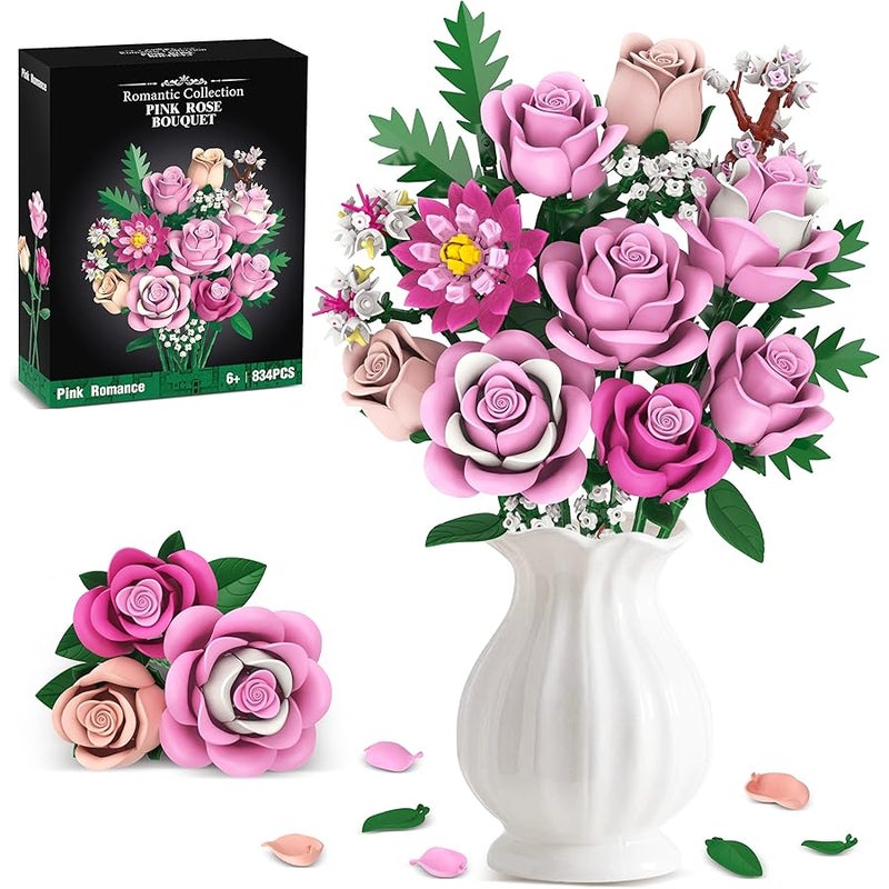 Arabest Pink Rose Bouquet Flowers Building Set, 834Pcs Roses Artificial Botanical Collection Compatible With Lego For Adults  Anniversary Valentines Day Gifts Mom Her Women - Image 1