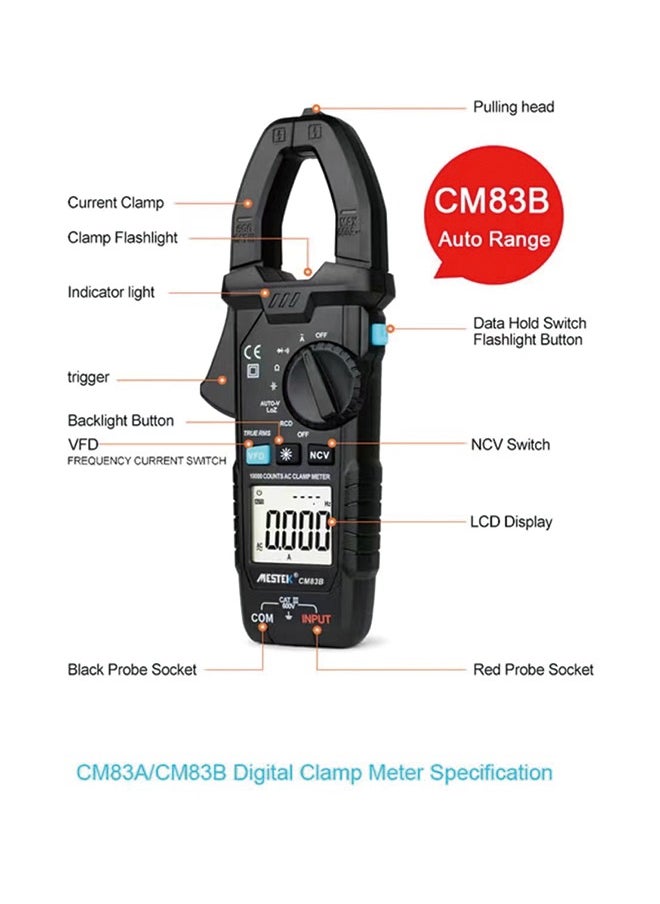 ميستك - MESTEK CM83B مقياس المشبك الرقمي متعدد الدقة - جهاز اختبار تيار المشبك الاحترافي مع شاشة رقمية لصيانة الكهربائي وقياس المكثفات - Image 1
