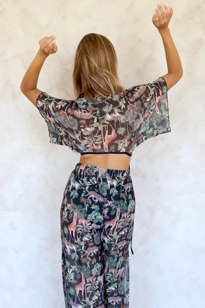 هامور Dough Beach Pantalon Pareo Summer Closed Slit Elastic Chiffon Tulle Fabric High Waist Woods Black