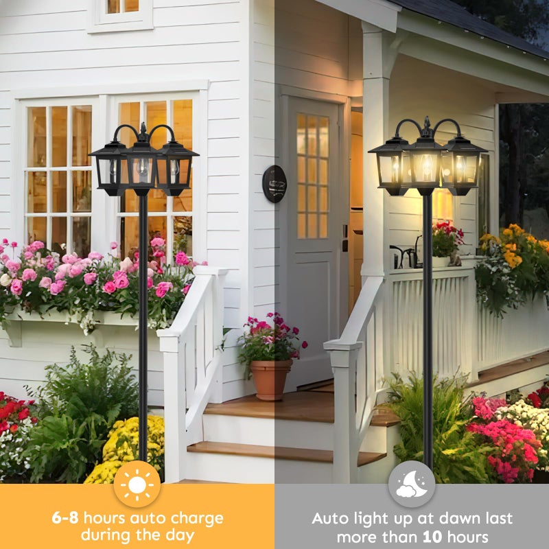 Joyoowild 73" Aluminum Solar Lamp Post Light, 3-Head Solar Light Posts for Outside Waterproof, 90Lm Outdoor Lamps for Patio, Backyard, Front Porch Decor, Warm White, Replaceable Bulb - Image 3