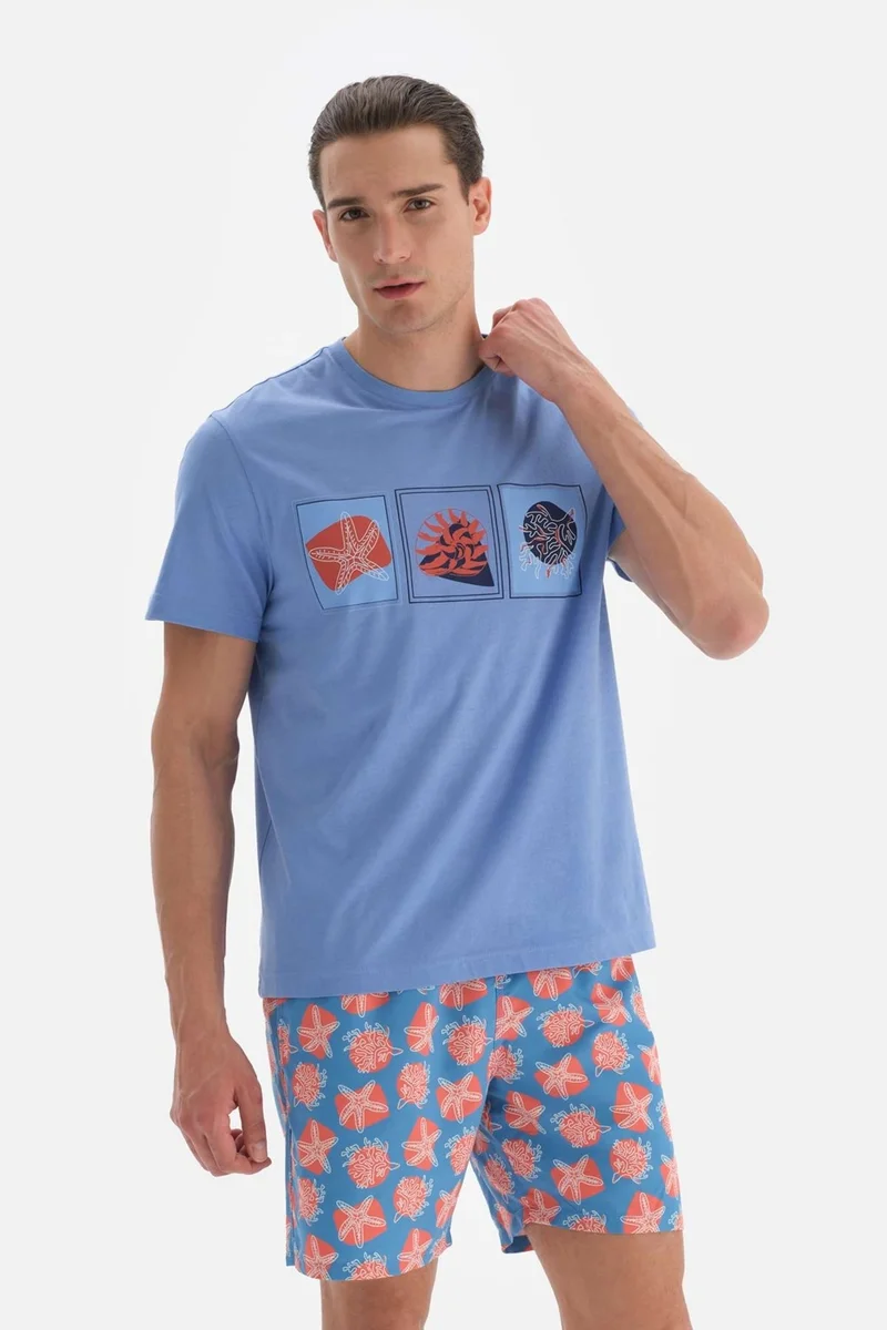 داجي Blue Printed O Neck T-Shirt