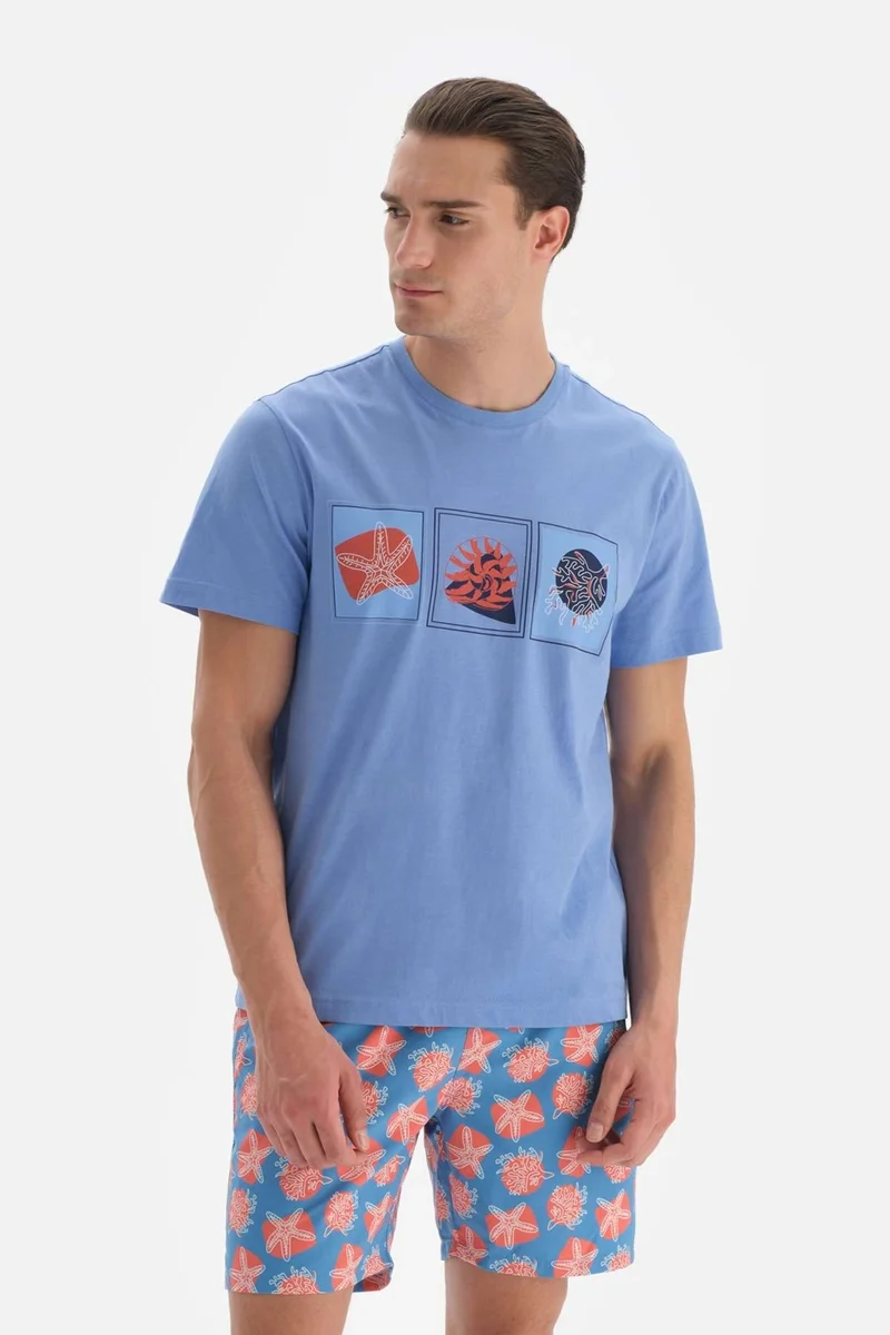 داجي Blue Printed O Neck T-Shirt