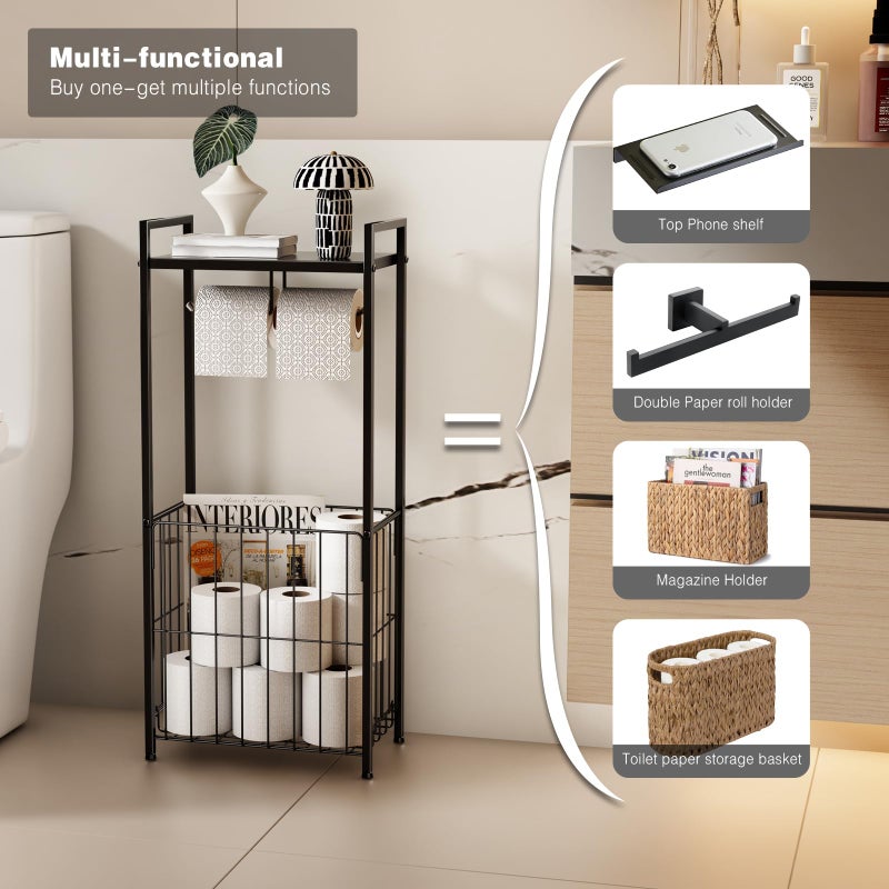 VOLDRA Toilet Paper Holder Stand with Storage Shelf, Free Standing Toilet Paper Roll Holder with Large Basket Heavy Duty Floor Double Tissue Dispenser for Bathroom Freestanding Tp Holder (Matte Black) - Image 4