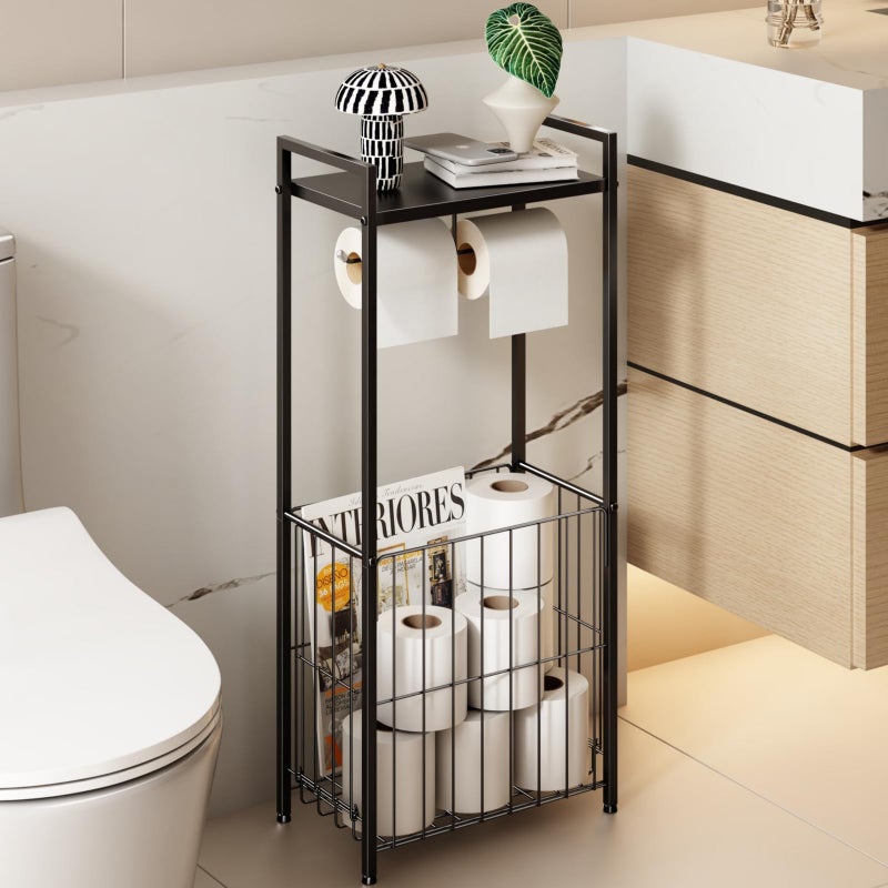 VOLDRA Toilet Paper Holder Stand with Storage Shelf, Free Standing Toilet Paper Roll Holder with Large Basket Heavy Duty Floor Double Tissue Dispenser for Bathroom Freestanding Tp Holder (Matte Black) - Image 1