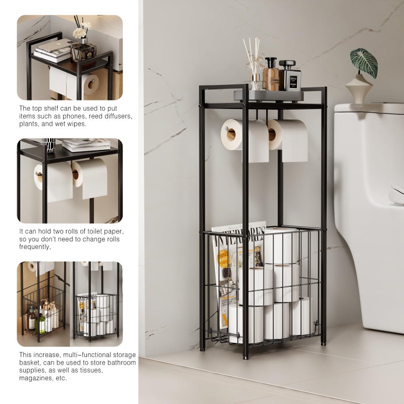 VOLDRA Toilet Paper Holder Stand with Storage Shelf, Free Standing Toilet Paper Roll Holder with Large Basket Heavy Duty Floor Double Tissue Dispenser for Bathroom Freestanding Tp Holder (Matte Black) - Image 3