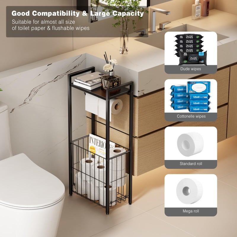 VOLDRA Toilet Paper Holder Stand with Storage Shelf, Free Standing Toilet Paper Roll Holder with Large Basket Heavy Duty Floor Double Tissue Dispenser for Bathroom Freestanding Tp Holder (Matte Black) - Image 5