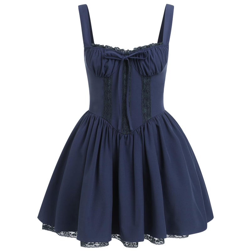 ABEWIP Corset Dresses for Women Spaghetti Straps Short Mini Floral Lace Bustier Dress Summer Boho Sundress Navy Blue L - Image 1