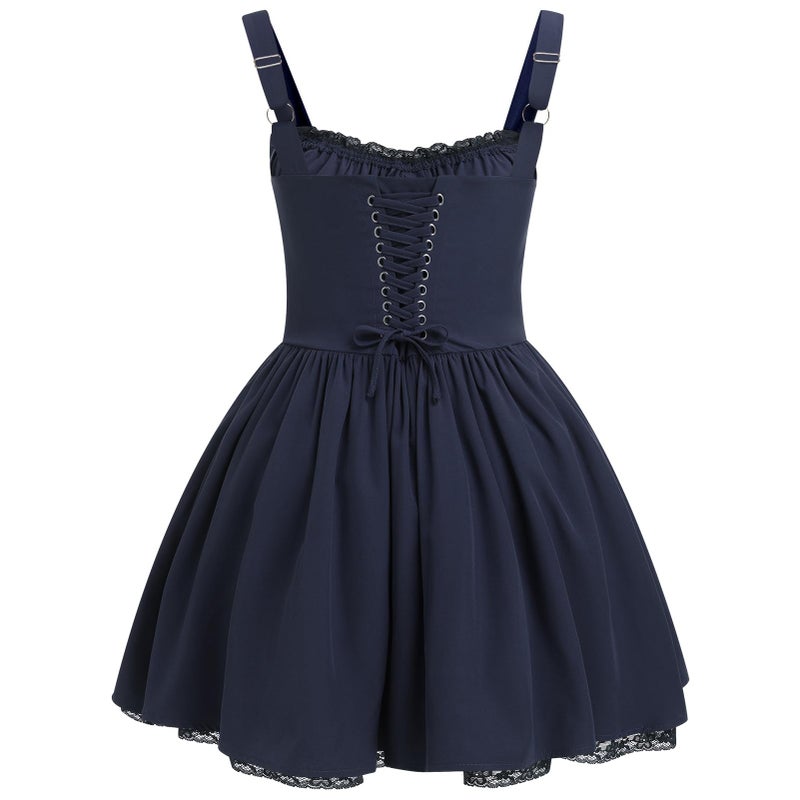 ABEWIP Corset Dresses for Women Spaghetti Straps Short Mini Floral Lace Bustier Dress Summer Boho Sundress Navy Blue L - Image 3