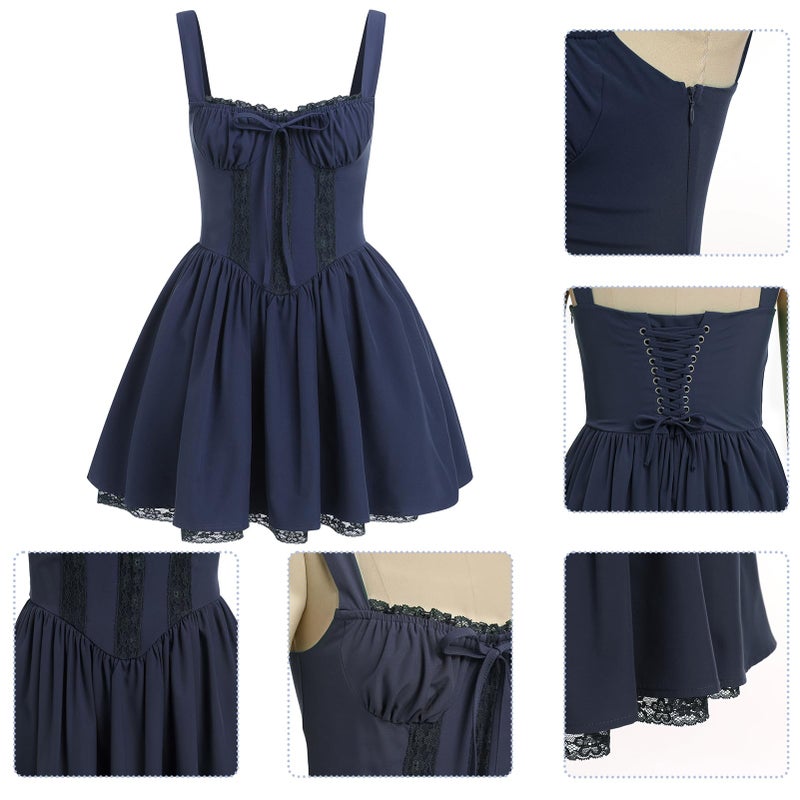 ABEWIP Corset Dresses for Women Spaghetti Straps Short Mini Floral Lace Bustier Dress Summer Boho Sundress Navy Blue L - Image 4