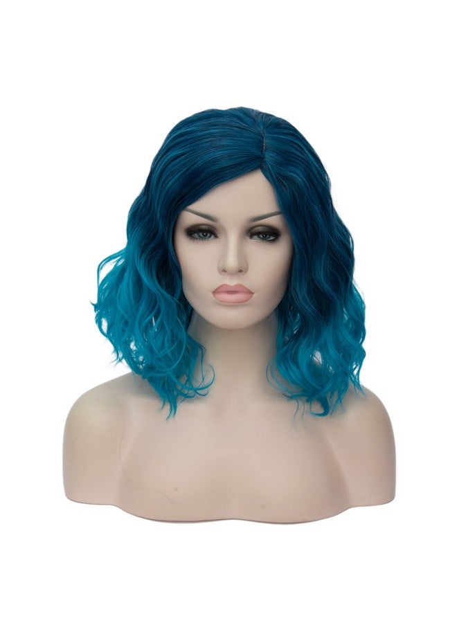 Cying Lin Short Bob Wavy Curly Wig Blue Ombre Wig For Women Cosplay Halloween Wigs Heat Resistant Bob Party Wig Include Wig Cap (Blue) - Image 1