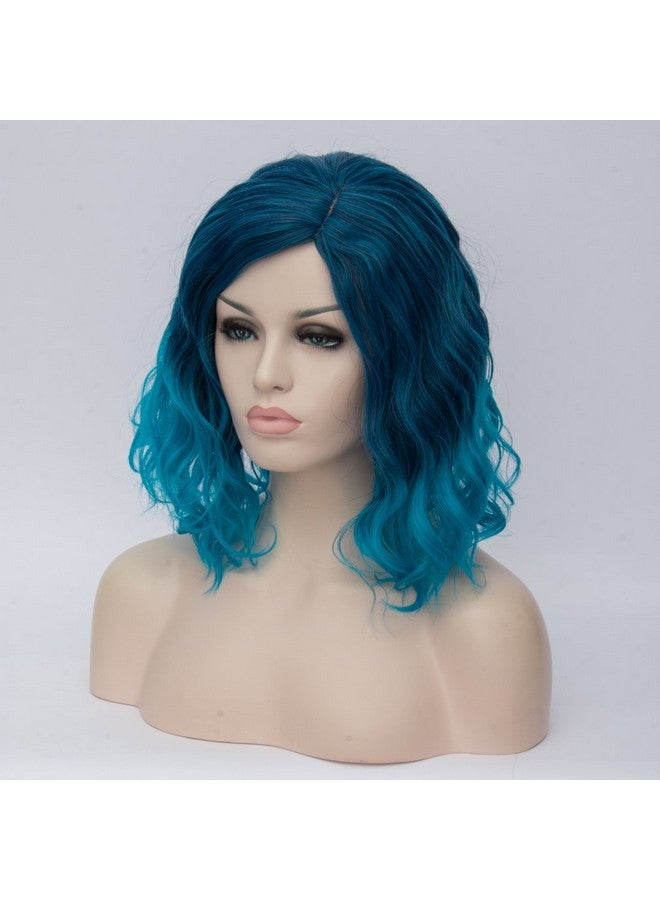 Cying Lin Short Bob Wavy Curly Wig Blue Ombre Wig For Women Cosplay Halloween Wigs Heat Resistant Bob Party Wig Include Wig Cap (Blue) - Image 4