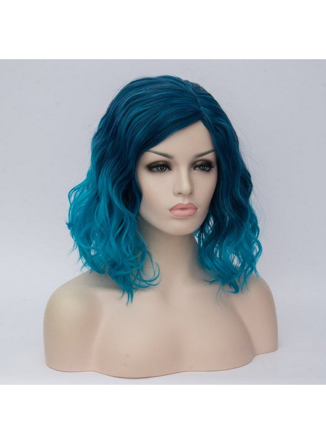 Cying Lin Short Bob Wavy Curly Wig Blue Ombre Wig For Women Cosplay Halloween Wigs Heat Resistant Bob Party Wig Include Wig Cap (Blue) - Image 3