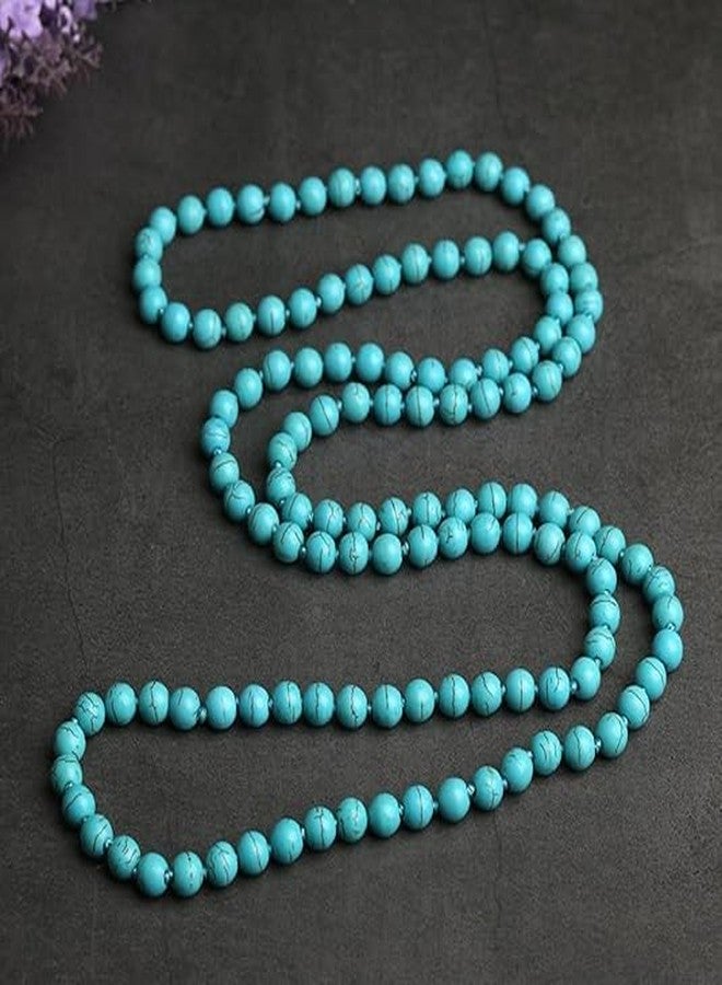 Cykdohy Boho Western Turquoise Beaded Strand Necklace for Women Men Long Round Beads Multi Layer Knotted Endless Sweater Chain Necklaces Chunky Retro Natural Gemstone Handmade Yoga Meditation Prayer Jewelry(150cm) - Image 2