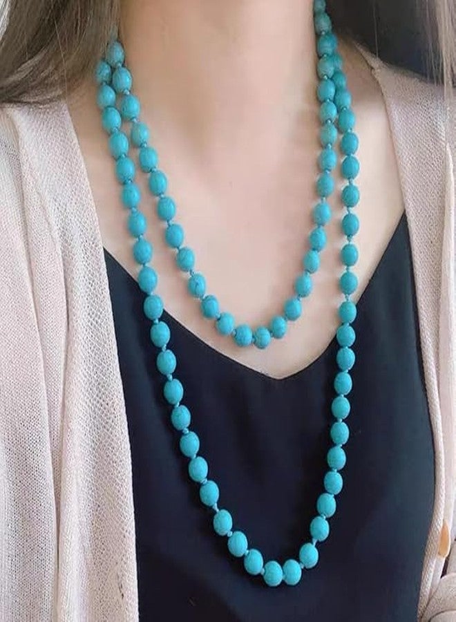 Cykdohy Boho Western Turquoise Beaded Strand Necklace for Women Men Long Round Beads Multi Layer Knotted Endless Sweater Chain Necklaces Chunky Retro Natural Gemstone Handmade Yoga Meditation Prayer Jewelry(150cm) - Image 3