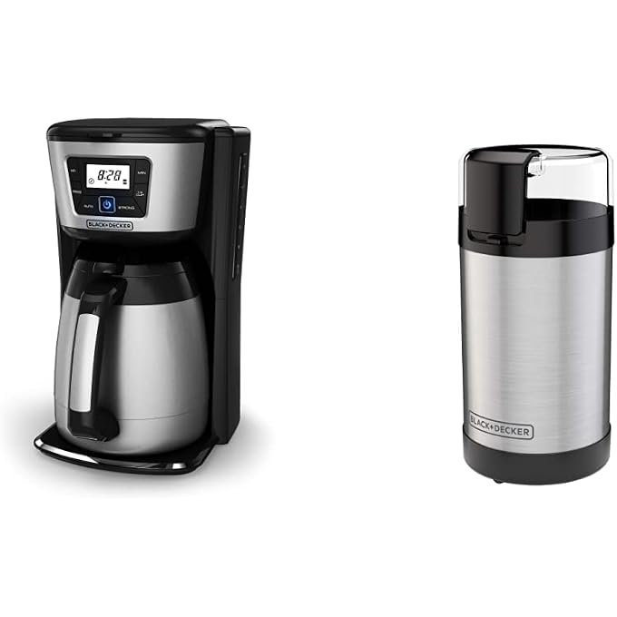 BLACK&DECKER 12-Cup Thermal Coffeemaker, Black/Silver, CM2035B & Coffee Grinder One Touch Push-Button Control, 2/3 Cup Bean Capacity, Stainless Steel - Image 1