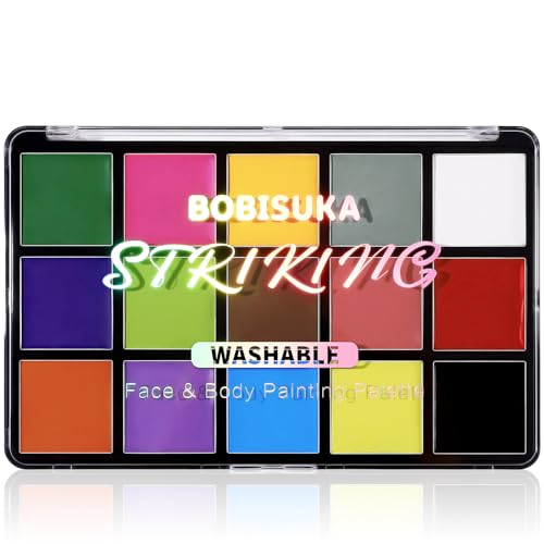 BOBISUKA Face Body Paint, 15 Color Professional Face Painting Palette for Art Theater Halloween Party Cosplay Clown SFX Makeup for Women Adults, Non-Toxic Washable - Image 1