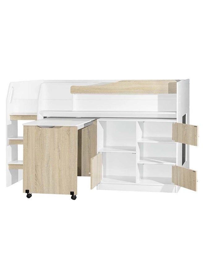 DANUBE HOME Kinder 90X190 Mid Sleeper Bed With Study Desk And Storage Shelves For Kids Adults Space Saving Design Heavy Duty Wooden Loft Bed Fkids - White & Sonoma Oak - Image 3