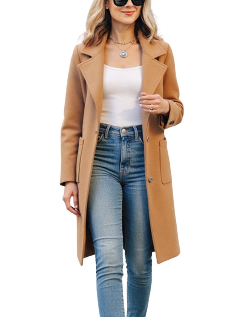 Omoone Womens Winter Wool Blend Coat Notch Lapel Mid Long Single Breasted Pea Coat Jacket Outwear2629CamelX1XXL