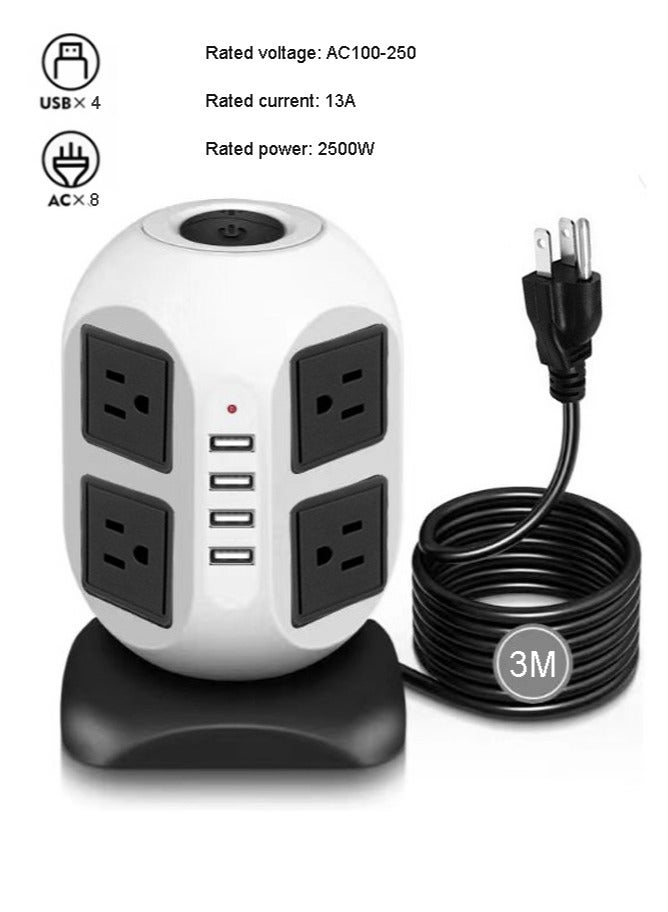 Vertical Socket Power Strip, Universal Socket, 8 Sockets, 4 USB Fast Charging Ports, 2500w, 3-Meter Heavy-Duty Extension Cord, British Plug - Image 1