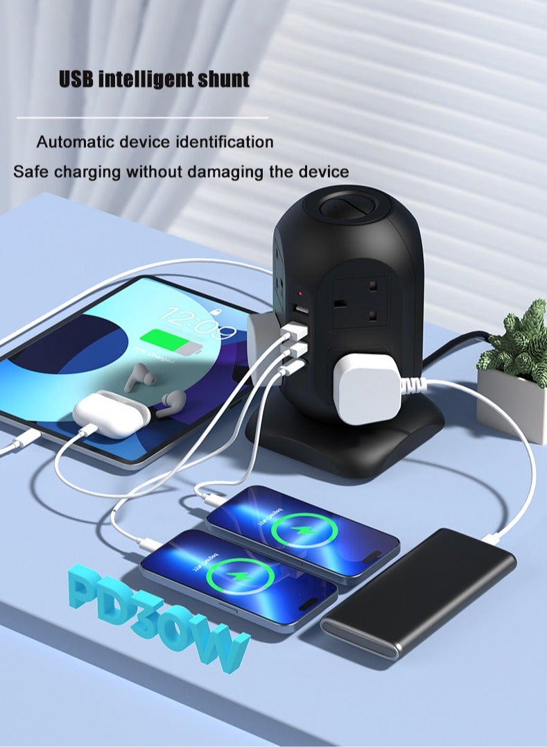 Vertical Socket Power Strip, Universal Socket, 8 Sockets, 4 USB Fast Charging Ports, 2500w, 3-Meter Heavy-Duty Extension Cord, British Plug - Image 3