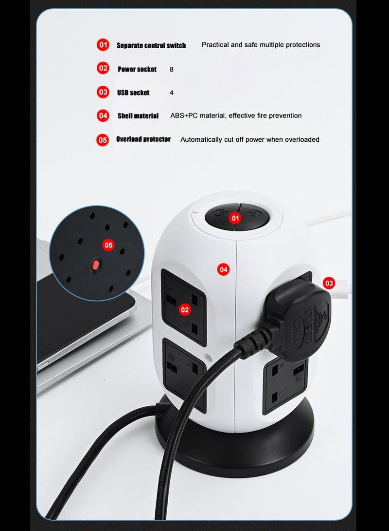 Vertical Socket Power Strip, Universal Socket, 8 Sockets, 4 USB Fast Charging Ports, 2500w, 3-Meter Heavy-Duty Extension Cord, British Plug - Image 2