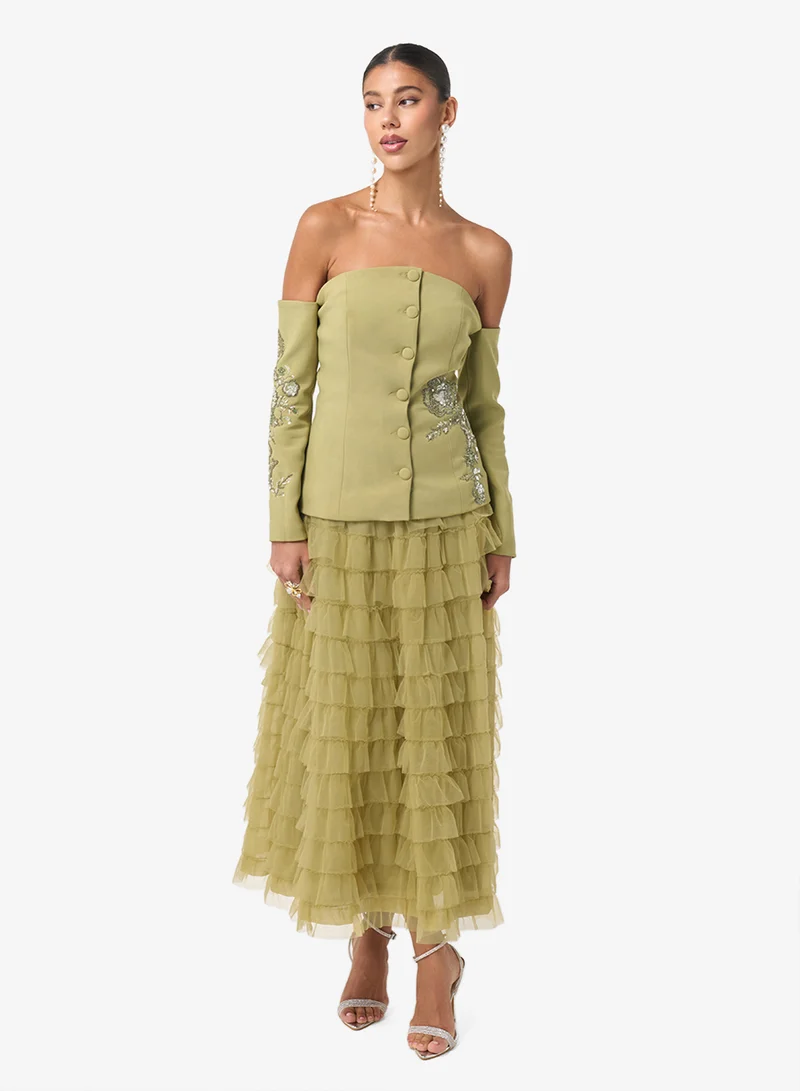 Threadz by Ajooni  Embroidered Corset Off-Shoulder Midi Dress for Women | Best Price UAE