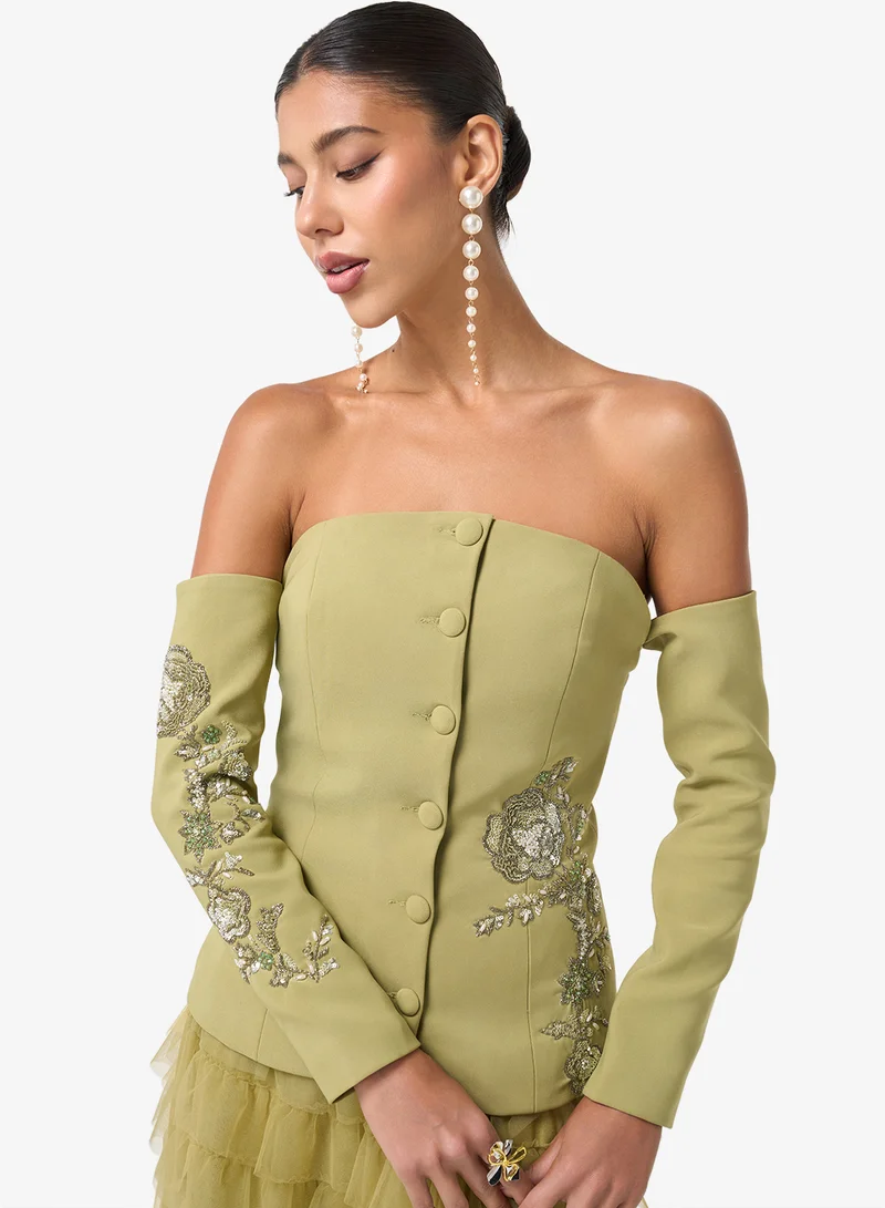 Threadz by Ajooni  Embroidered Corset Off-Shoulder Midi Dress for Women | Best Price UAE