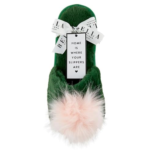 Bella Sleep + Spa Women's Slippers - Soft Plush Luxury House Shoes with Cute Fuzzy Pom-Pom Accent, Open Toe Emerald Green & Pink, Large (US 9-10) - Image 1