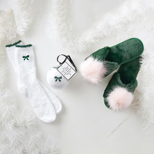 Bella Sleep + Spa Women's Slippers - Soft Plush Luxury House Shoes with Cute Fuzzy Pom-Pom Accent, Open Toe Emerald Green & Pink, Large (US 9-10) - Image 5