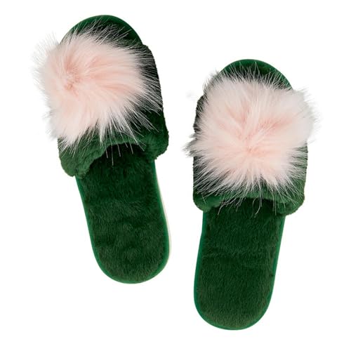 Bella Sleep + Spa Women's Slippers - Soft Plush Luxury House Shoes with Cute Fuzzy Pom-Pom Accent, Open Toe Emerald Green & Pink, Large (US 9-10) - Image 4