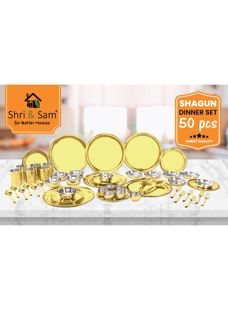 Shri & Sam Stainless Steel Shagun Solid Dinner Set (50 Pcs Set Gold) - Image 3