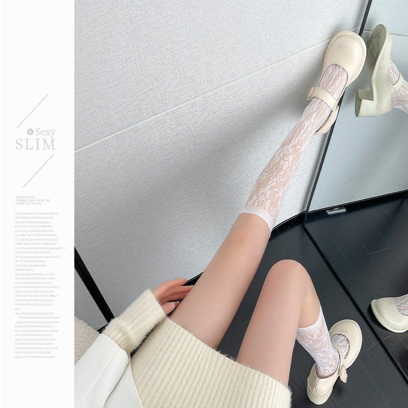 جوارب نسائية عالية الركبة بنمط الورود الدانتيل - Image 4