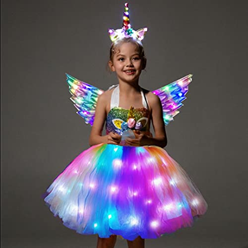 SHINYOU Girls Unicorn Costume, Rainbow Unicorn Dress, LED Light Up Unicorn Tutu with Wing for Halloween Birthday Gift DeepRainbow+Wing 5-6Y¡­ - Image 2