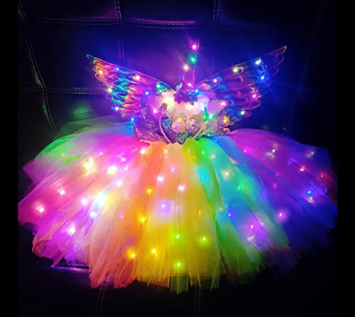 SHINYOU Girls Unicorn Costume, Rainbow Unicorn Dress, LED Light Up Unicorn Tutu with Wing for Halloween Birthday Gift DeepRainbow+Wing 5-6Y¡­ - Image 5