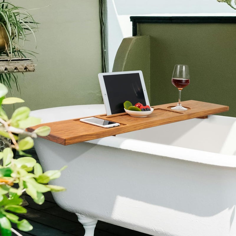 VaeFae Teak Bathtub Tray Table, Wooden Bath Board for Tub with Wine and iPad Holder - Image 5