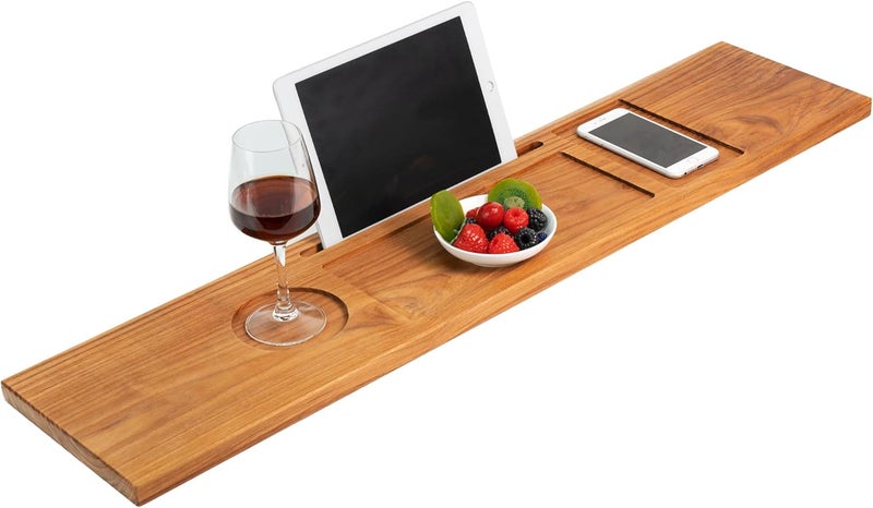 VaeFae Teak Bathtub Tray Table, Wooden Bath Board for Tub with Wine and iPad Holder - Image 1