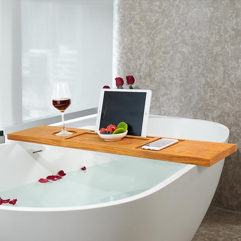 VaeFae Teak Bathtub Tray Table, Wooden Bath Board for Tub with Wine and iPad Holder - Image 2