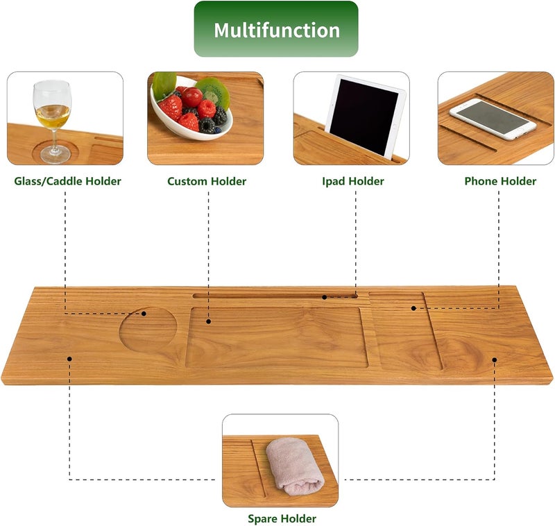 VaeFae Teak Bathtub Tray Table, Wooden Bath Board for Tub with Wine and iPad Holder - Image 4