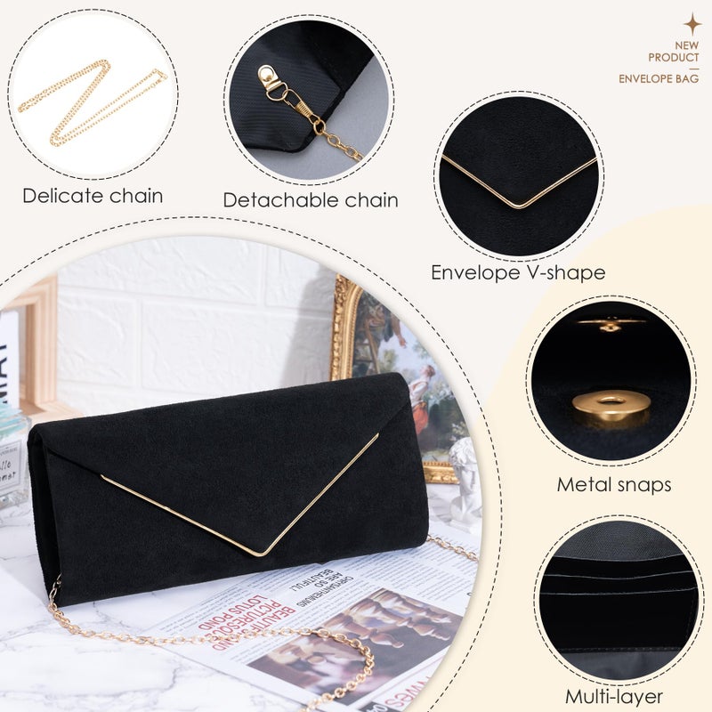 Larcenciel Black Suede Clutch Purses for Women, Elegant Envelope Evening Bag with Detachable Chain, Velvet Party Bags Ladies Shoulder Handbags for Formal Events, Wedding, Cocktail, Prom, Homecoming - Image 3