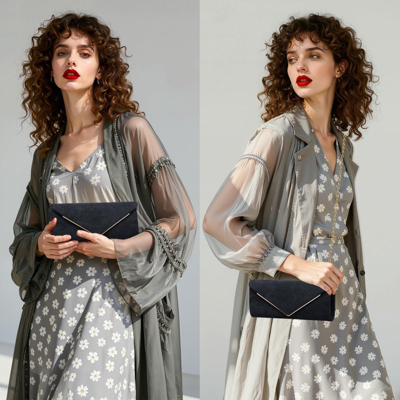 Larcenciel Black Suede Clutch Purses for Women, Elegant Envelope Evening Bag with Detachable Chain, Velvet Party Bags Ladies Shoulder Handbags for Formal Events, Wedding, Cocktail, Prom, Homecoming - Image 2
