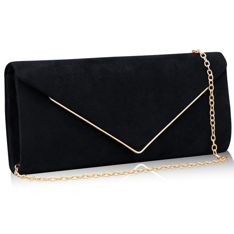 Larcenciel Black Suede Clutch Purses for Women, Elegant Envelope Evening Bag with Detachable Chain, Velvet Party Bags Ladies Shoulder Handbags for Formal Events, Wedding, Cocktail, Prom, Homecoming - Image 1