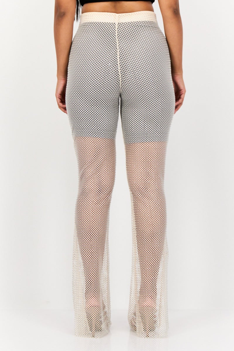 Pull & Bear Women Regular Fit Eyelet Straight Leg Pants, Beige - Image 2