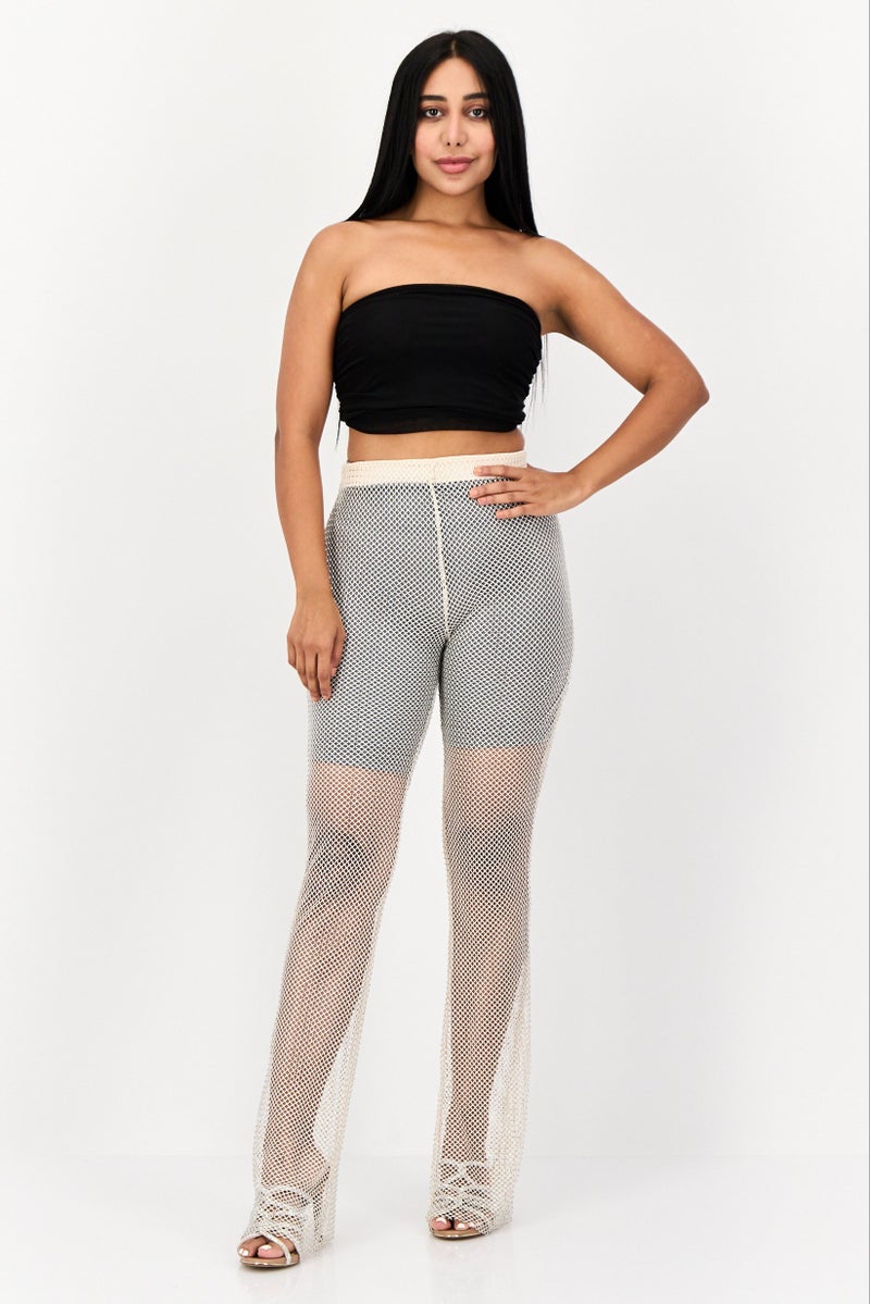 Pull & Bear Women Regular Fit Eyelet Straight Leg Pants, Beige - Image 3