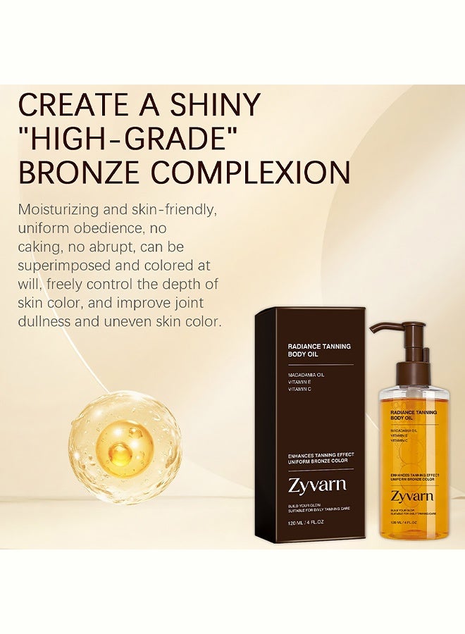 Zyvarn Radiance Tanning Body Oil, Infused with Macadamia Oil Vitamin C & Vitamin E, Enhances Tanning Effect for Uniform Bronze Color, Nourishing Moisturizing & Non-Greasy, Buildable Natural Glow for Daily Tanning Care, Suitable for All Skin Tones 120ml - Image 2
