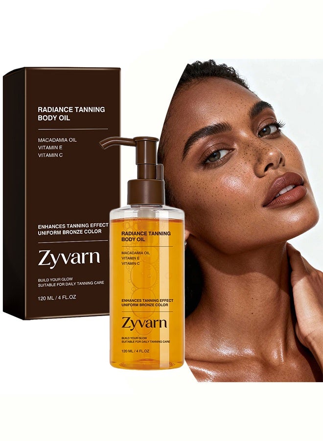 Zyvarn Radiance Tanning Body Oil, Infused with Macadamia Oil Vitamin C & Vitamin E, Enhances Tanning Effect for Uniform Bronze Color, Nourishing Moisturizing & Non-Greasy, Buildable Natural Glow for Daily Tanning Care, Suitable for All Skin Tones 120ml - Image 1