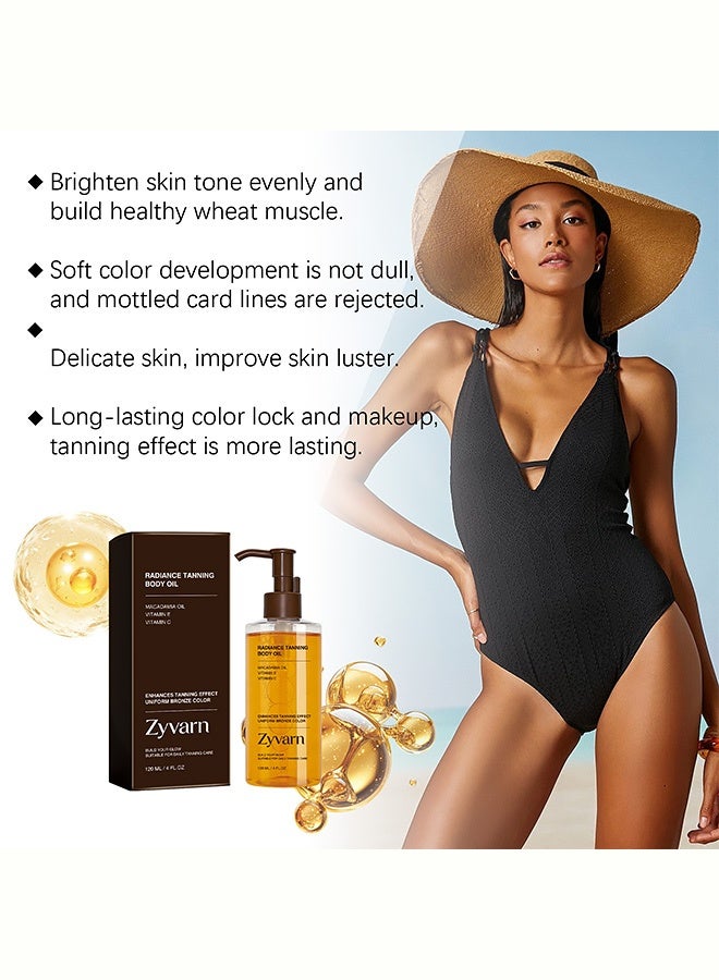 Zyvarn Radiance Tanning Body Oil, Infused with Macadamia Oil Vitamin C & Vitamin E, Enhances Tanning Effect for Uniform Bronze Color, Nourishing Moisturizing & Non-Greasy, Buildable Natural Glow for Daily Tanning Care, Suitable for All Skin Tones 120ml - Image 3