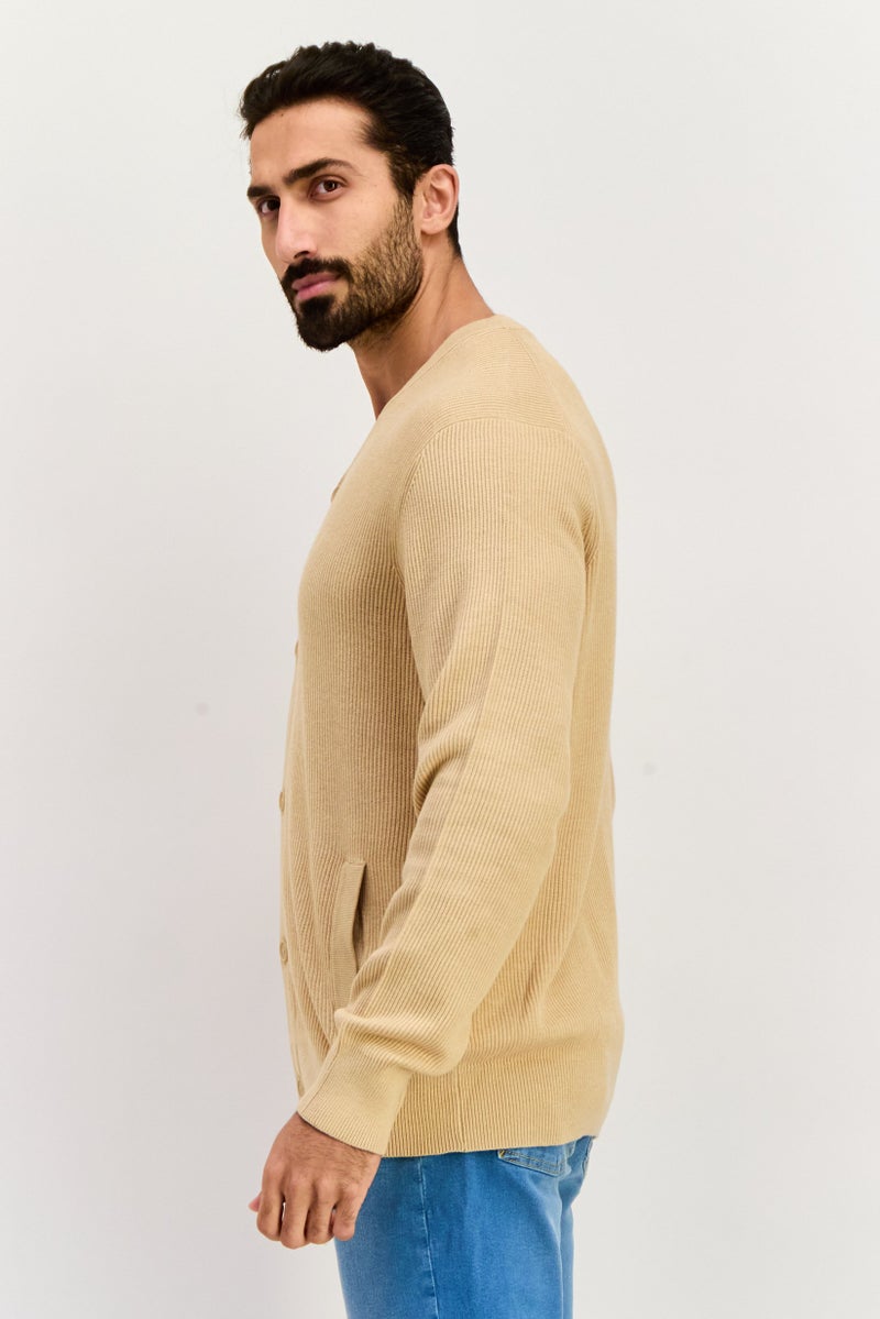 ESPRIT Men V Neck Knitted Cardigan, Beige  - Image 2
