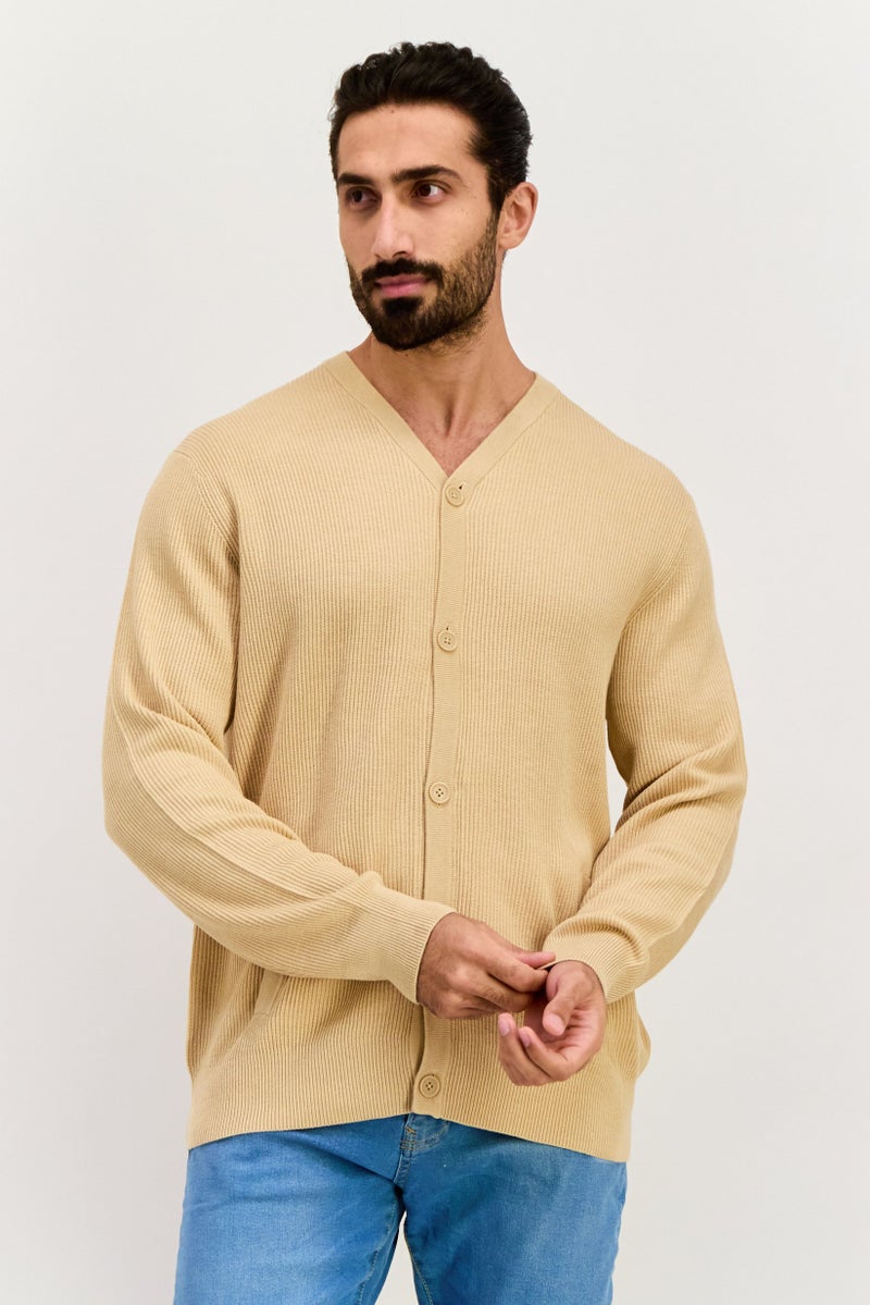 ESPRIT Men V Neck Knitted Cardigan, Beige  - Image 1