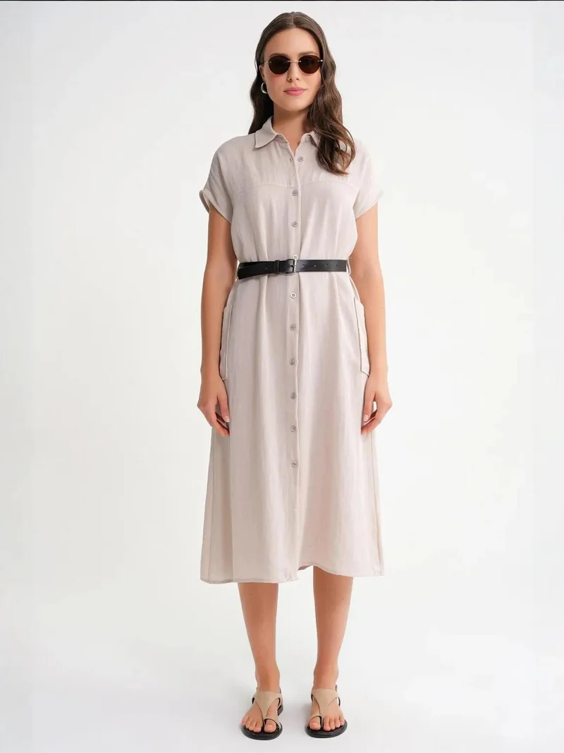 MixRay Mixray Midi Dress with Belt Detail and Buttoned Collar